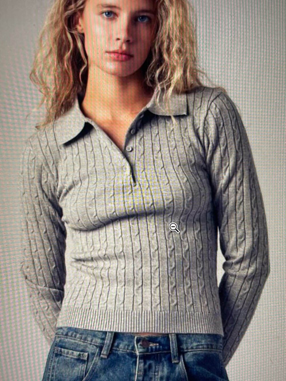 DELILAHS Classic Cable Knit Grey Polo Sweater; NWT! Large (RUNS SMALL) P2P: 15.5